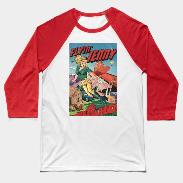 Flyin Jenny Aviatrix Pin Up Comic Cover Baseball T-Shirt by Weirdette